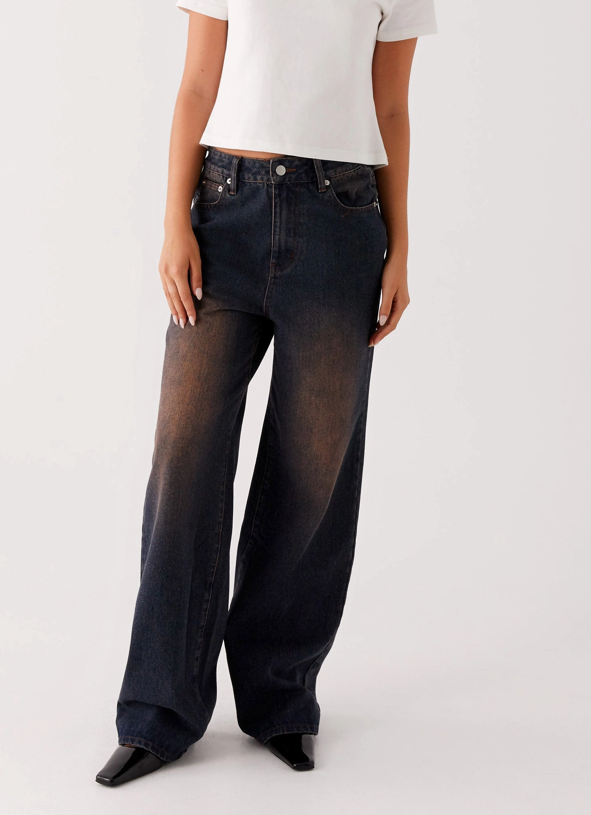 Back Again Straight Leg Denim Jeans - Brown Blue Acid Wash Easy Access