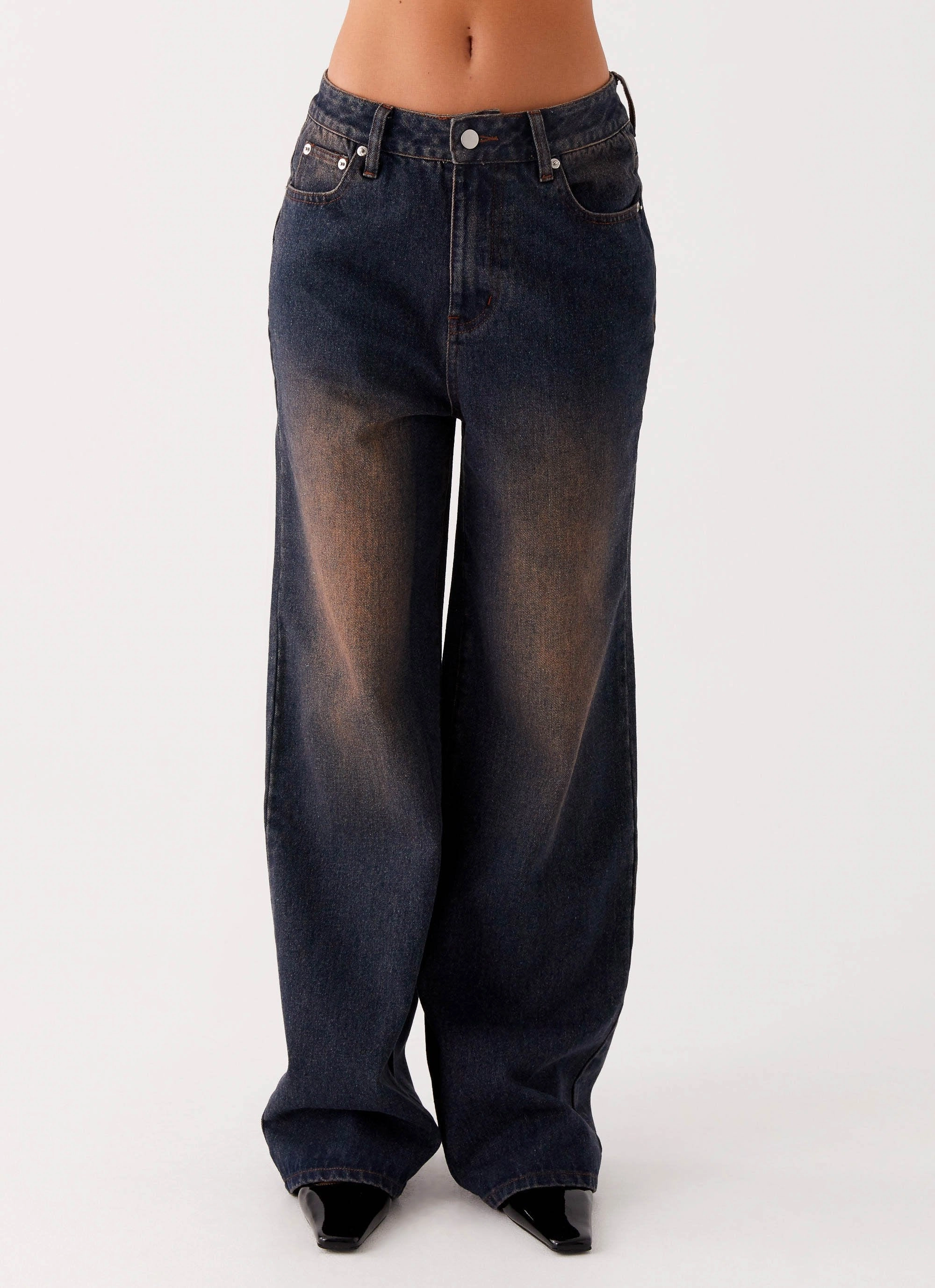 Back Again Straight Leg Denim Jeans - Brown Blue Acid Wash No Chafe Outdoor Activity