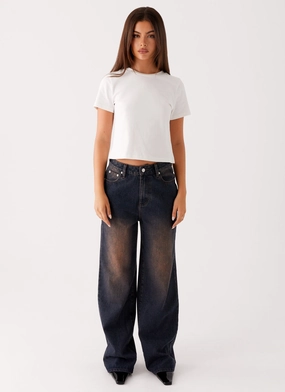 Back Again Straight Leg Denim Jeans - Brown Blue Acid Wash Chilly Weather Wear