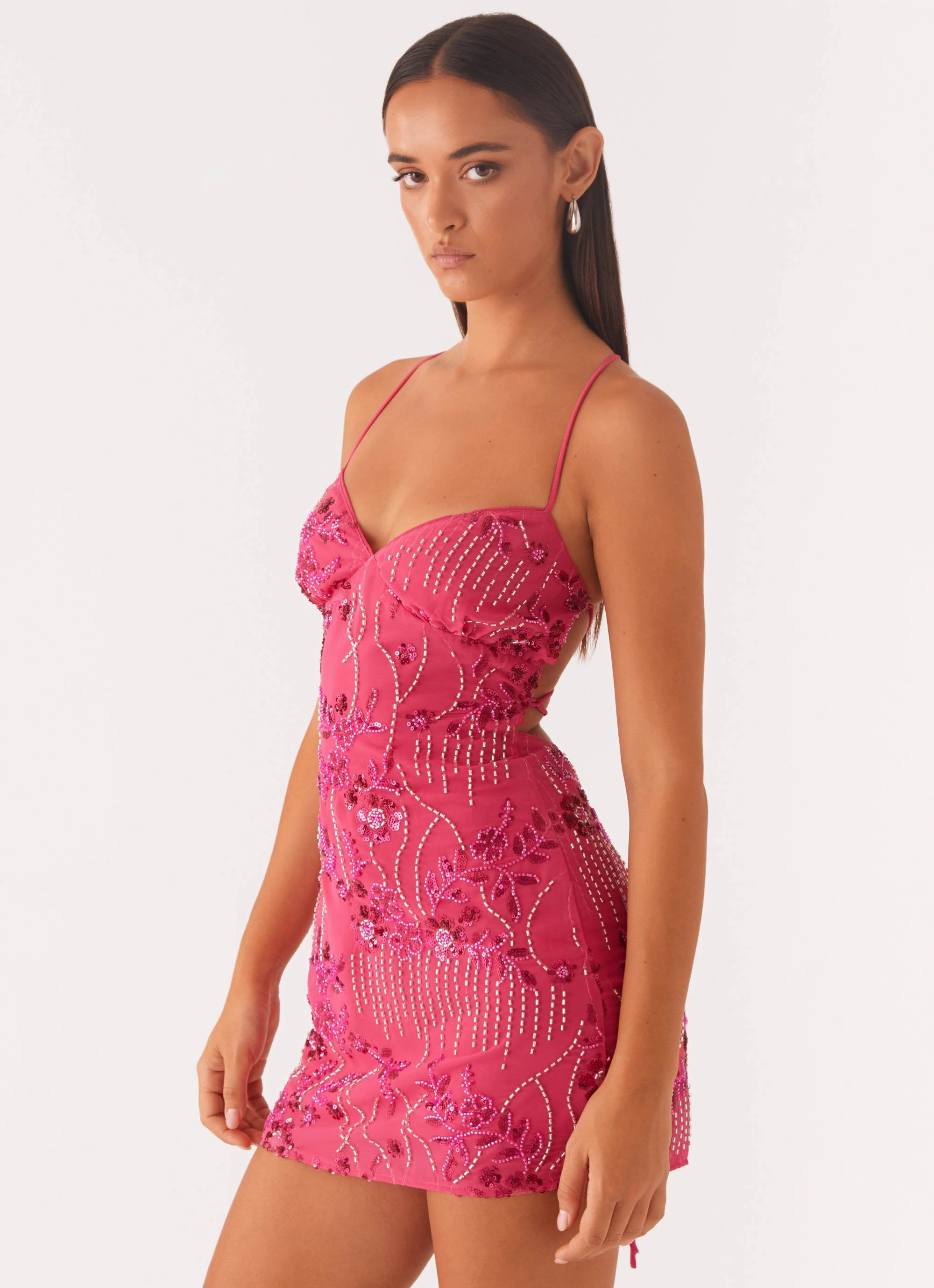 Vietta Sequin Cami Mini Dress - Fuchsia Floral-Pattern
