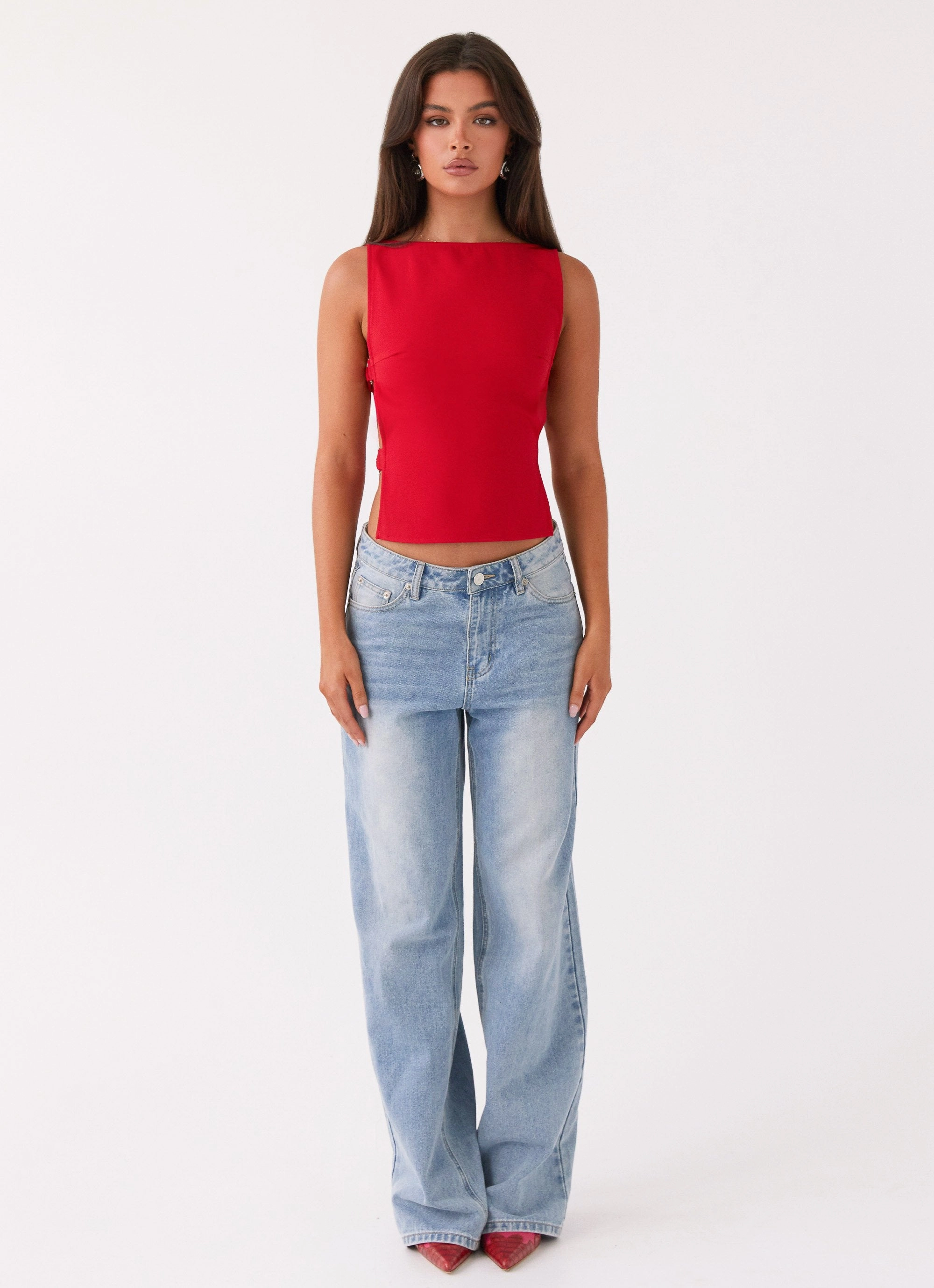Cherish You Buckle Top - Red Structured Shoulder SoftFeel Fabric