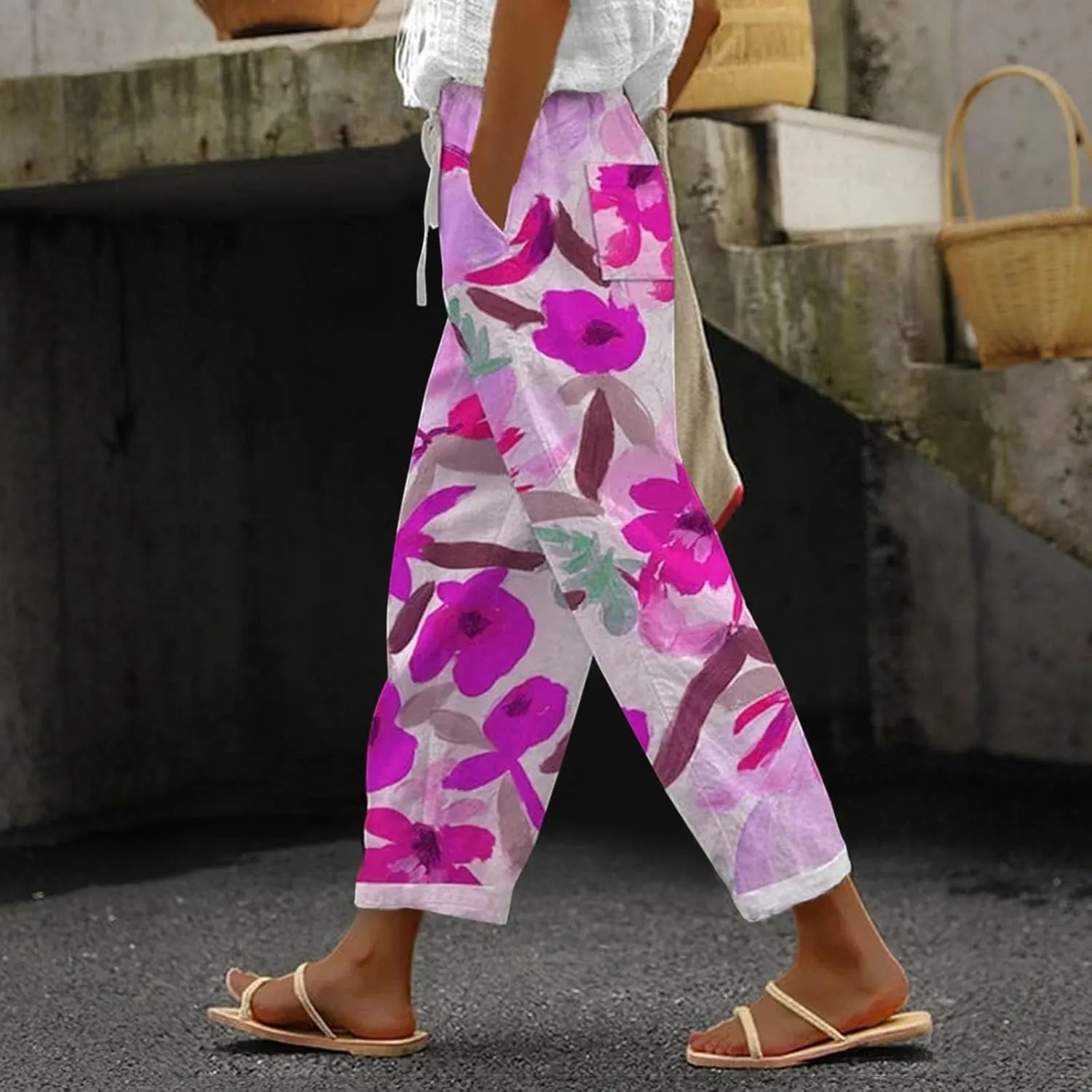 Striped Linen Capris Women Casual Drawstring Pants Linen Pants Women Capri Linen Pants Women Capri Linen