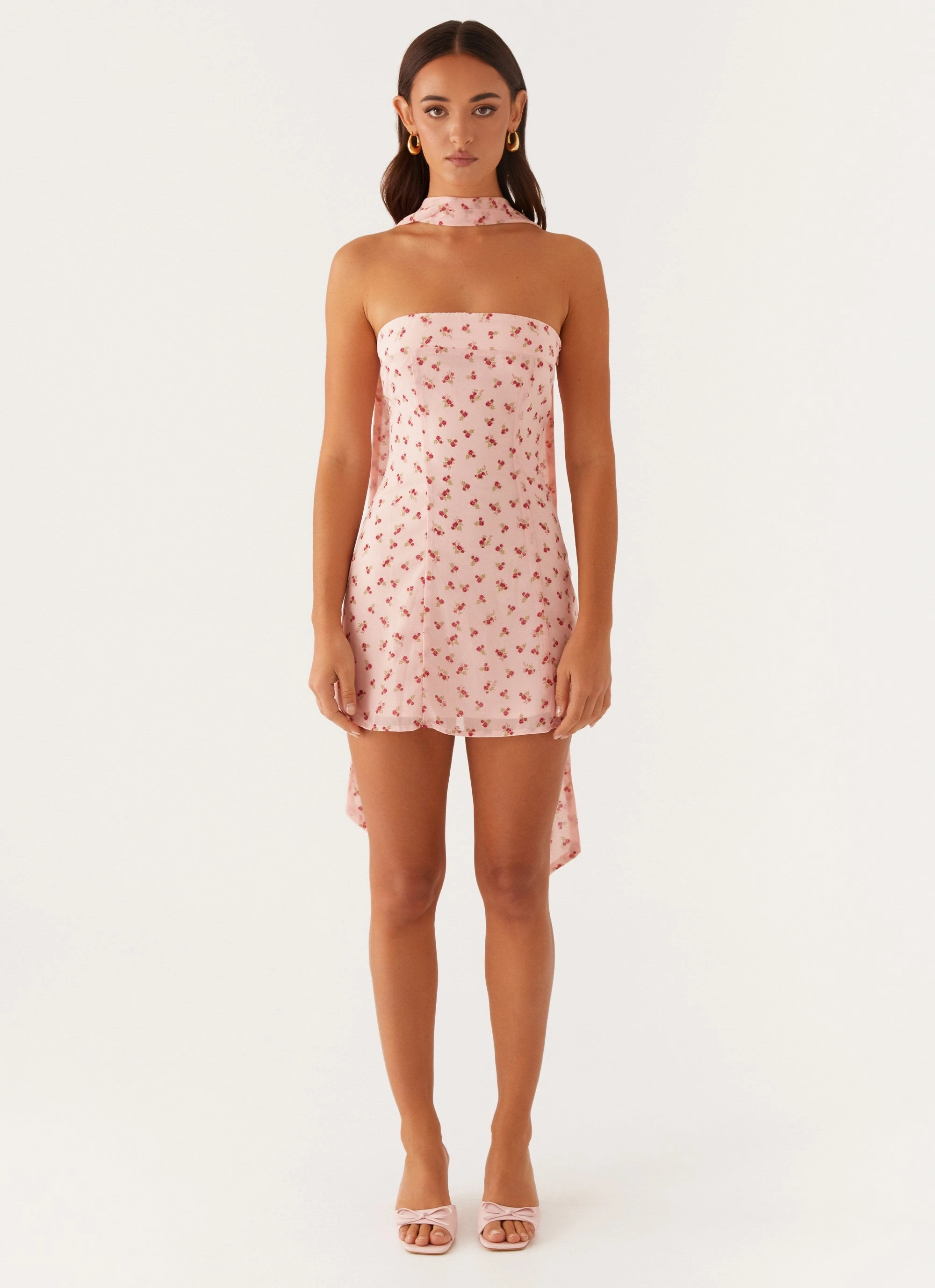 Kiesha Strapless Scarf Mini Dress - Pink Flower Low Maintenance Subtle pattern