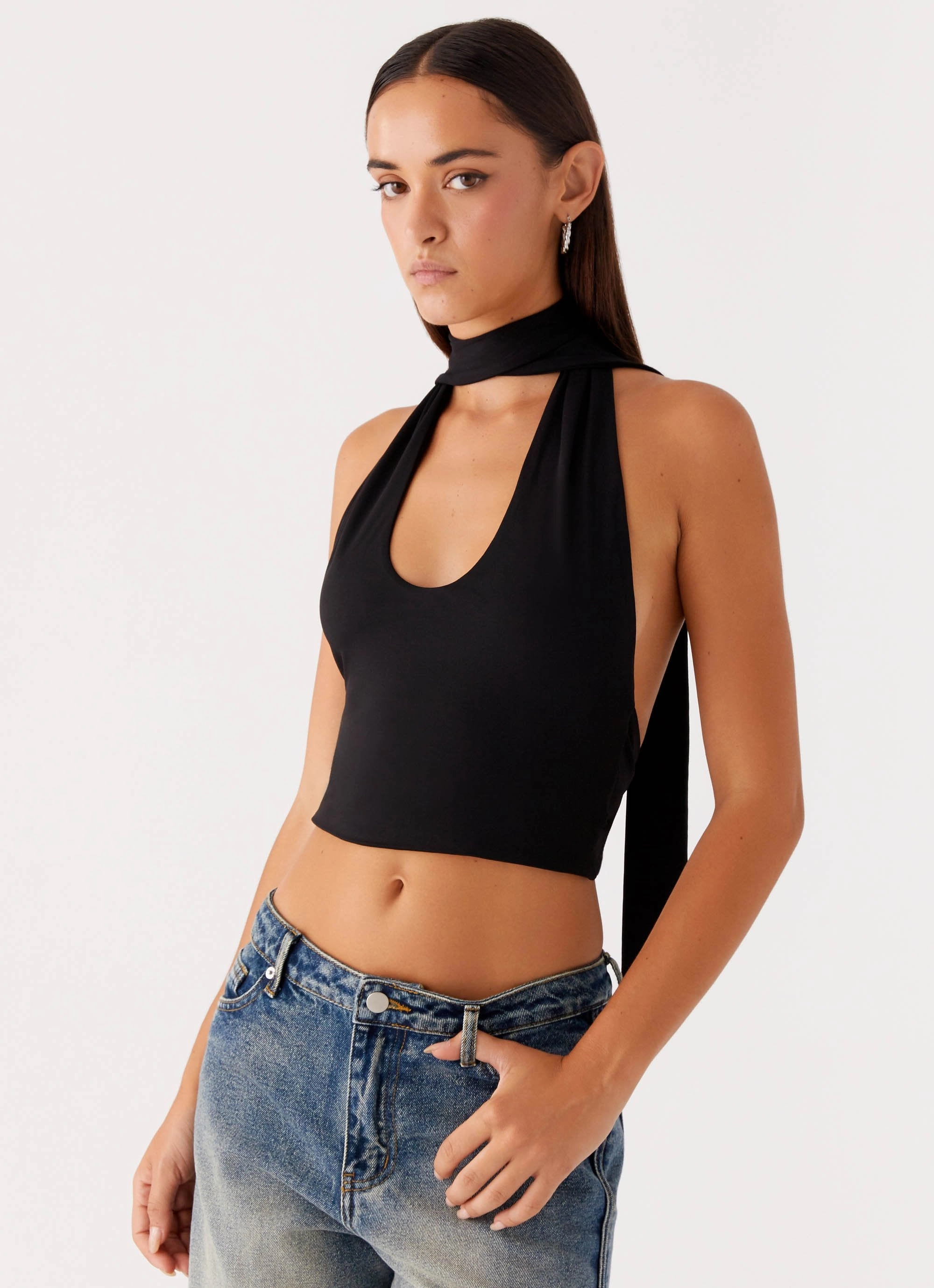 SeamFree Knitting Trendy Shirt Chrysta Halterneck Top - Black