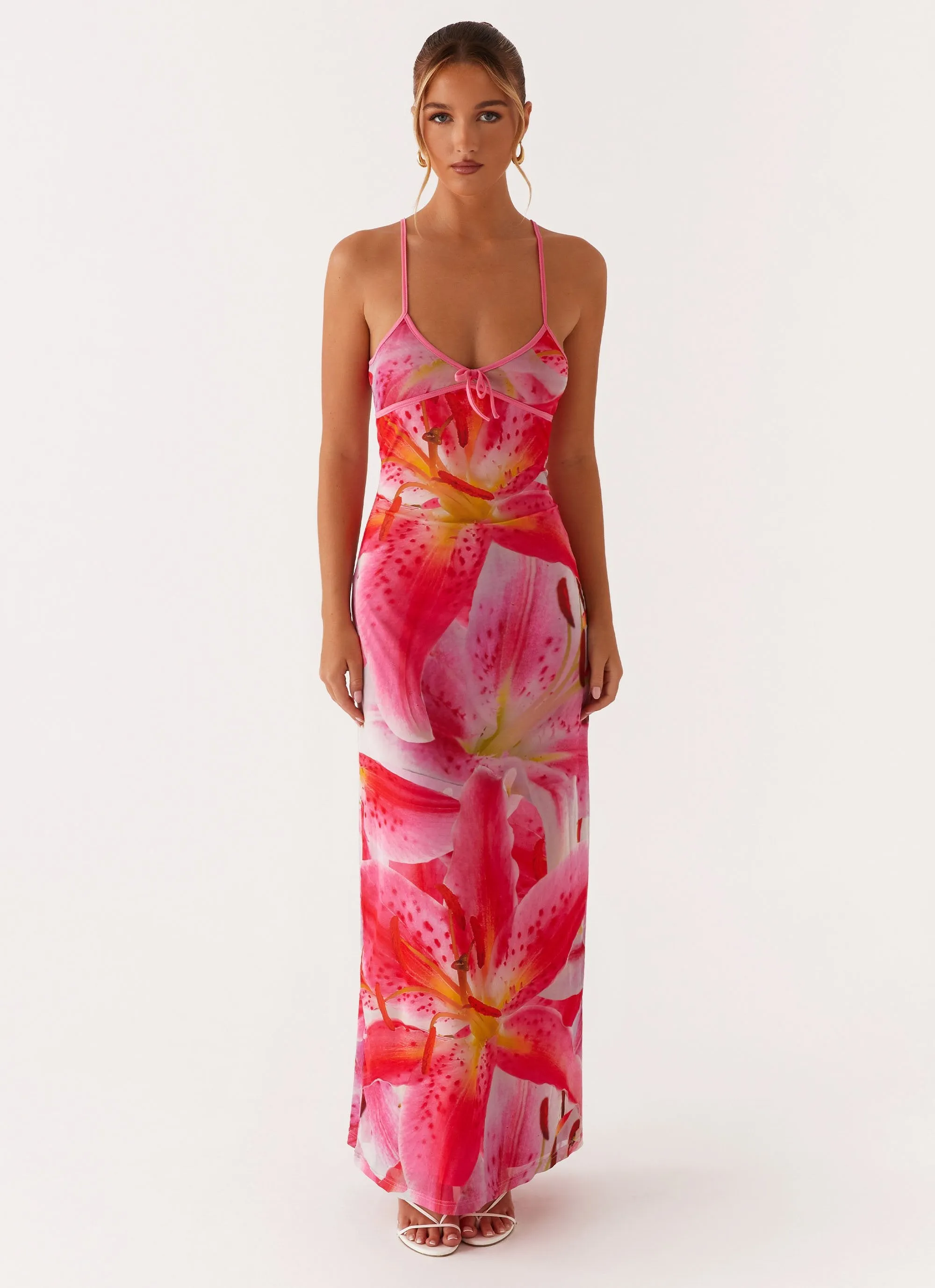 Claudie Maxi Dress - White Pink Lilly Metallic-Shine