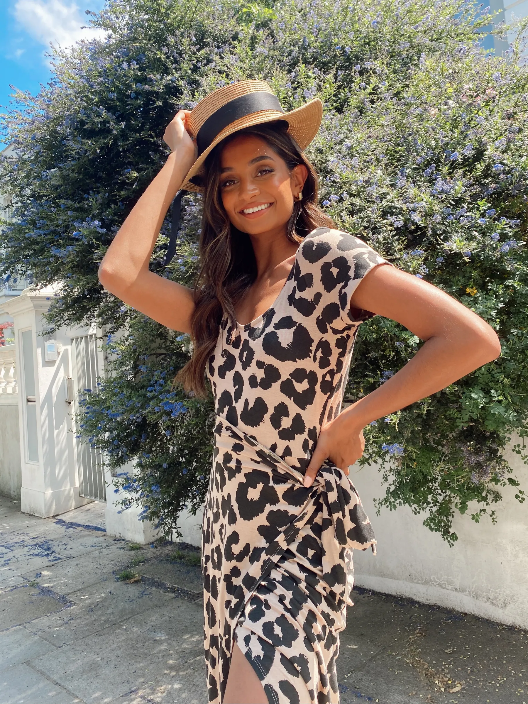 Stretchable Naomi Animal Print Jersey Wrap Midi Dress