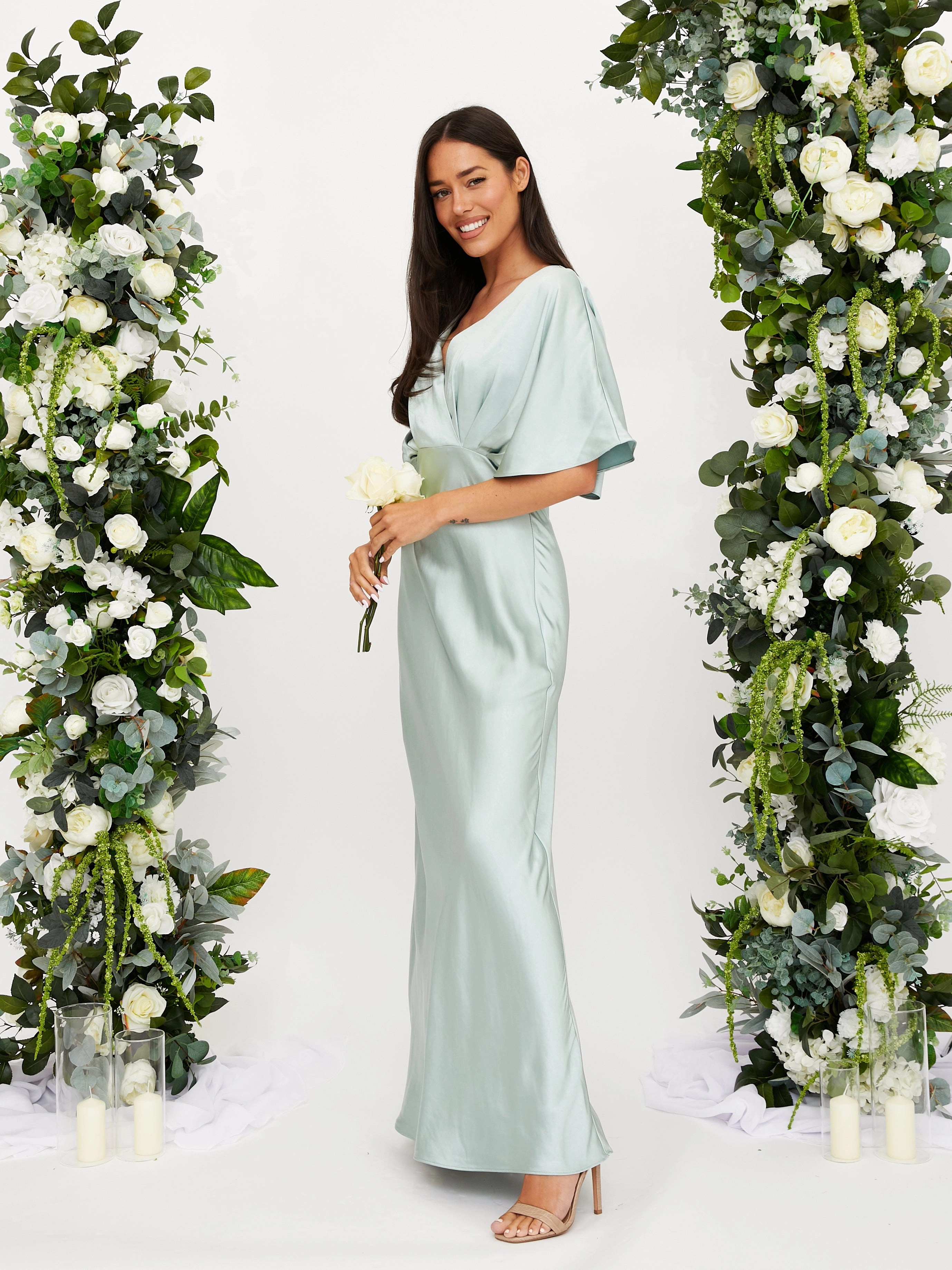 Draped-Style Angel Sleeve Maxi Satin Dress / Sage