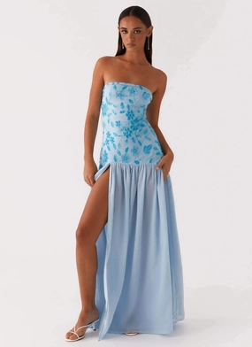 ReversibleStyle Retro Detail Eden Strapless Beaded Maxi Dress - Blue