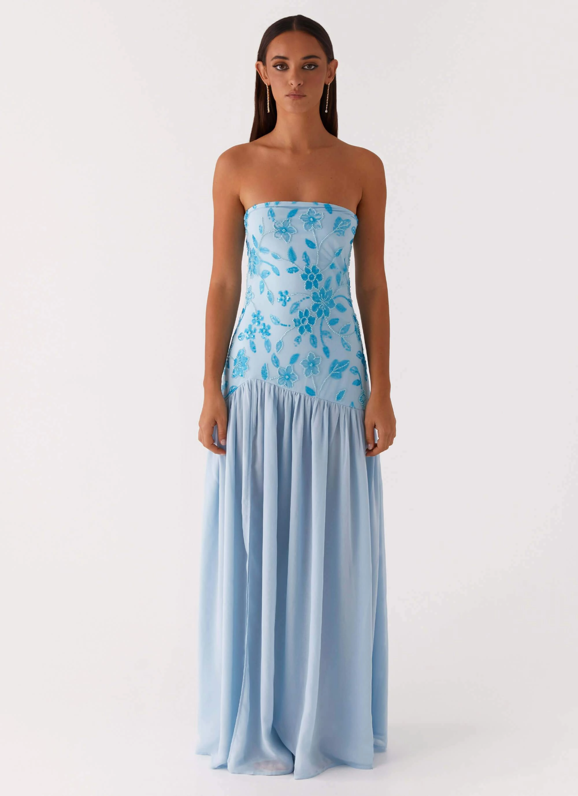 Vibrant Look Fit Mood Eden Strapless Beaded Maxi Dress - Blue
