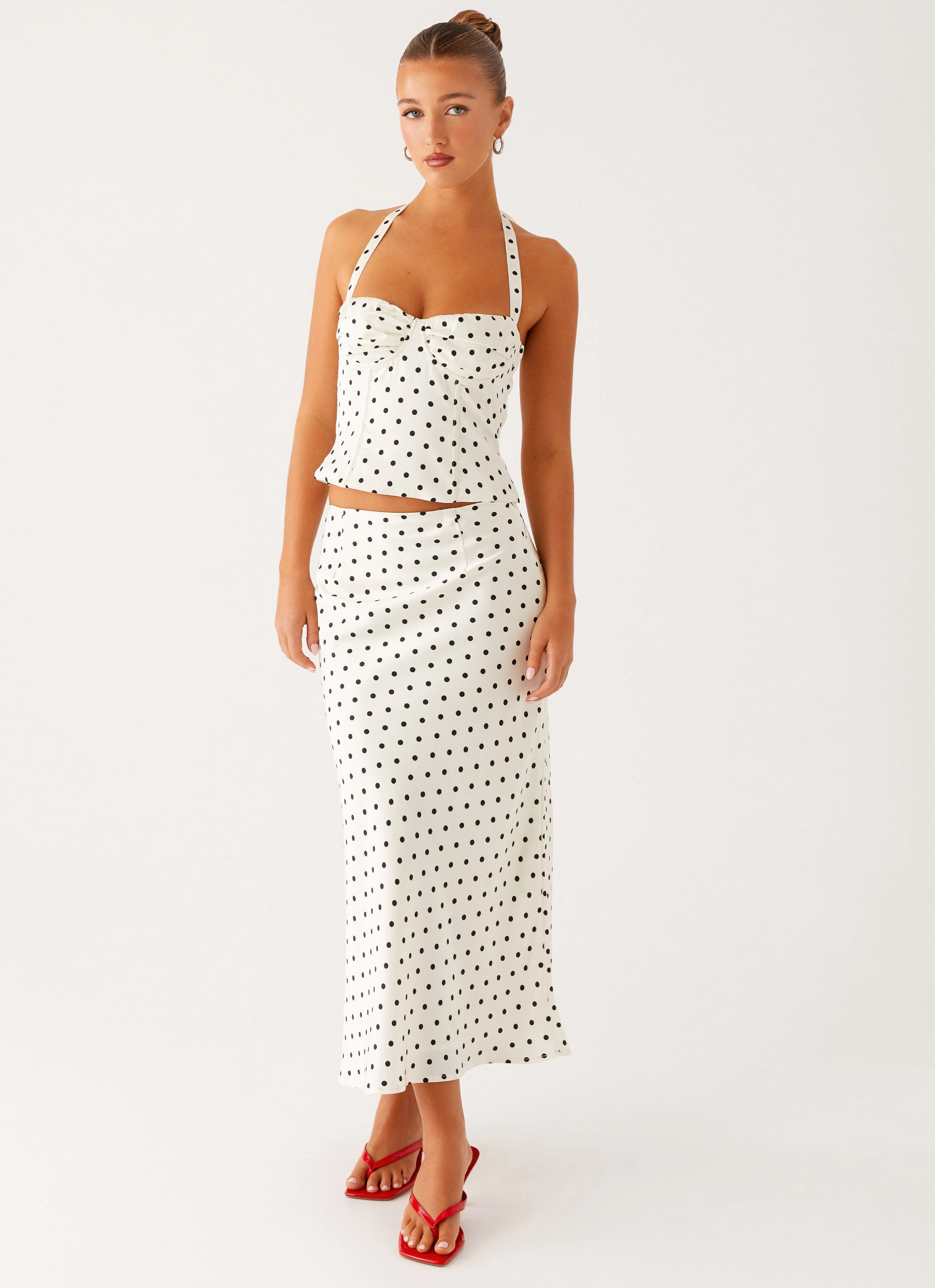 Soft Waistband Breanne Midi Skirt - White Polka Dot
