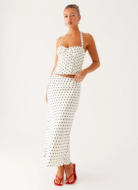 Flattering Comfort Wear Urban Fit Breanne Midi Skirt - White Polka Dot
