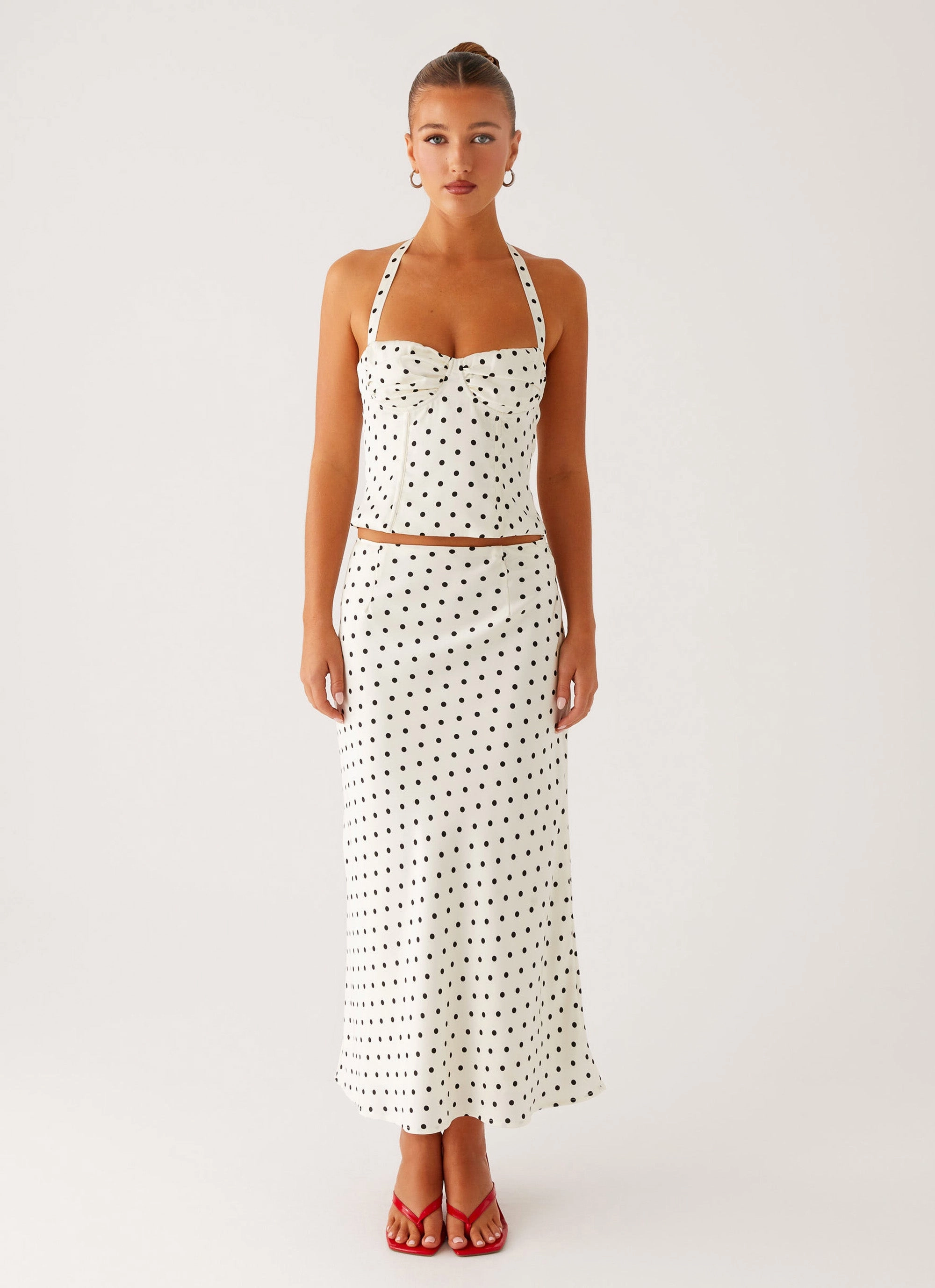 Breanne Midi Skirt - White Polka Dot Core Fit Comfy Style