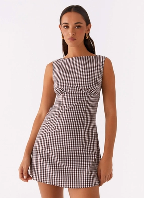 Dreamy Simplicity Cozy Fit Lotus Tie Back Mini Dress - Chocolate Gingham