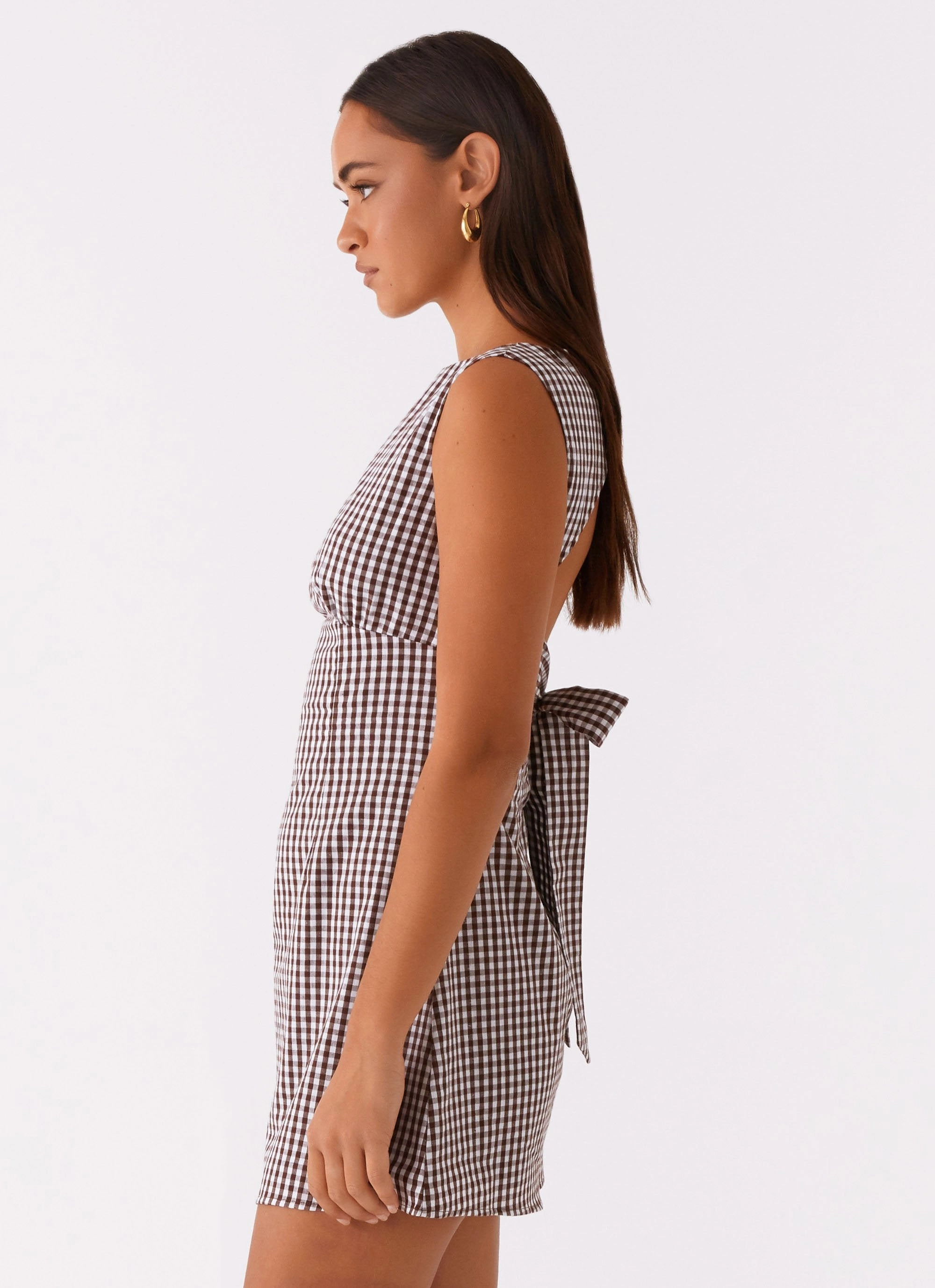 Comfortable fit dress for all body types Crisp Silhouette Lotus Tie Back Mini Dress - Chocolate Gingham