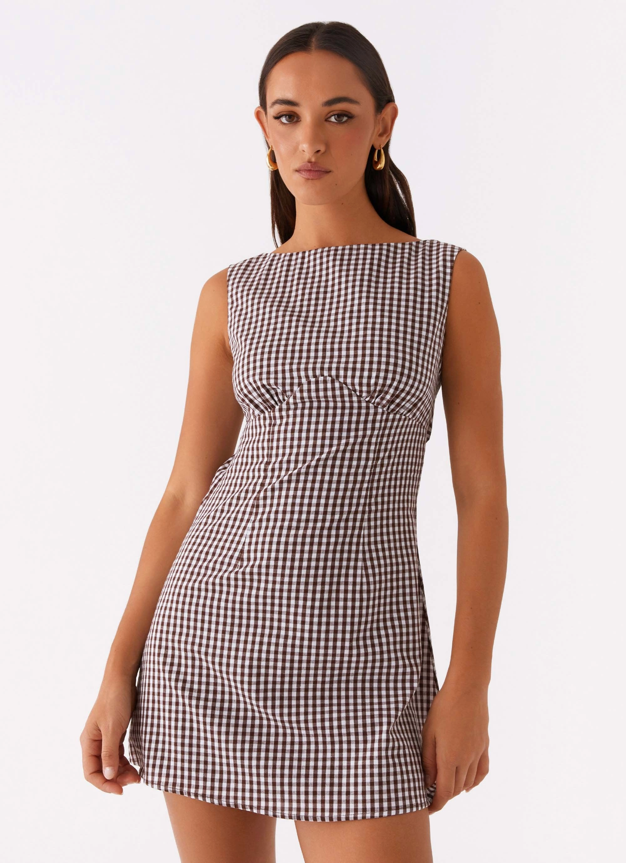Dreamy Simplicity Cozy Fit Lotus Tie Back Mini Dress - Chocolate Gingham