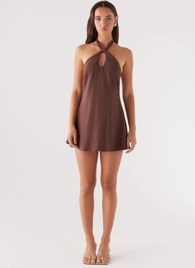 Counting Stars Linen Halterneck Dress - Chocolate Urban Favorite