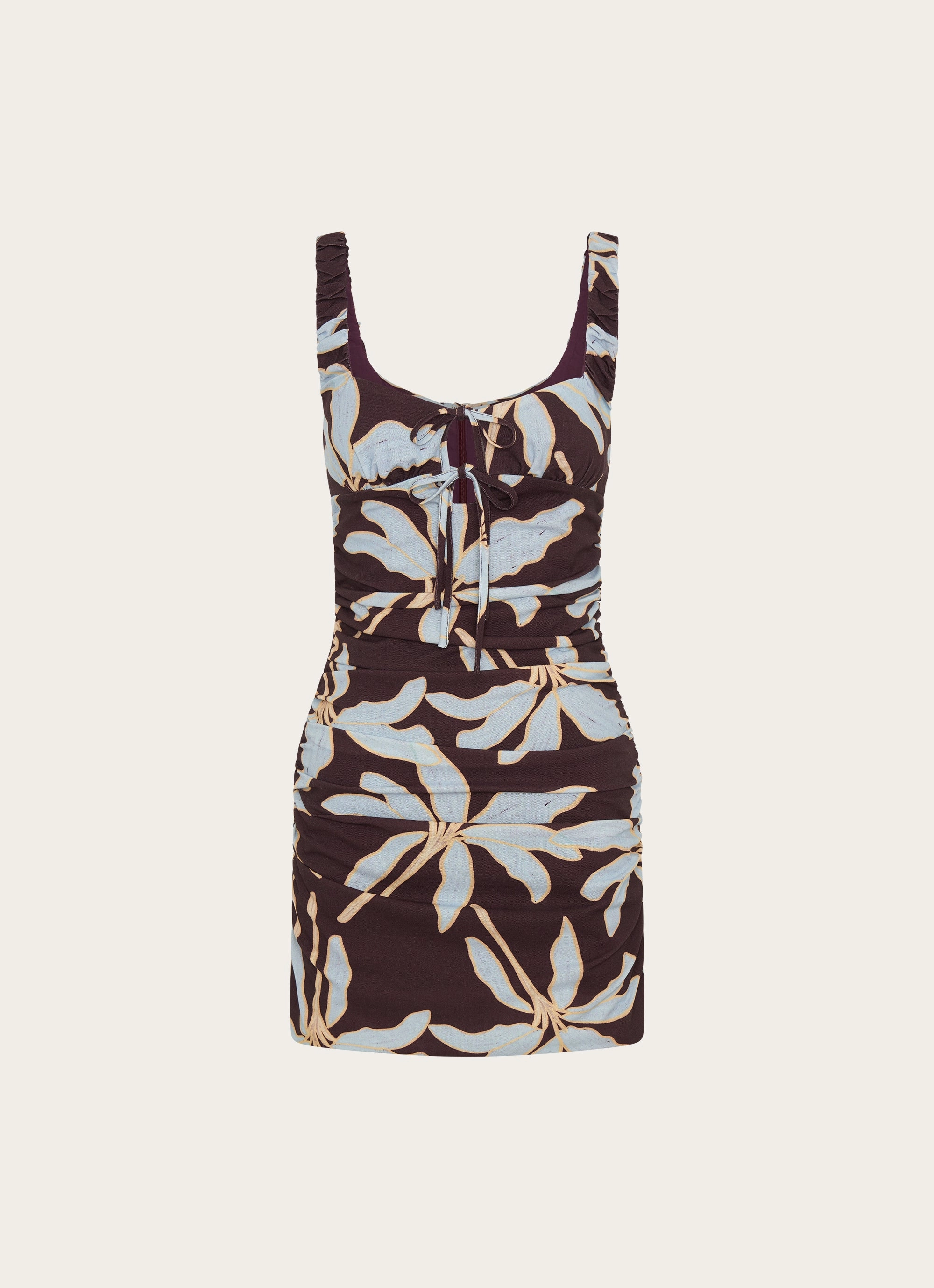 Sweet Melody Ruched Mini Dress - Opulent Brown Neutral Base Blue Sky