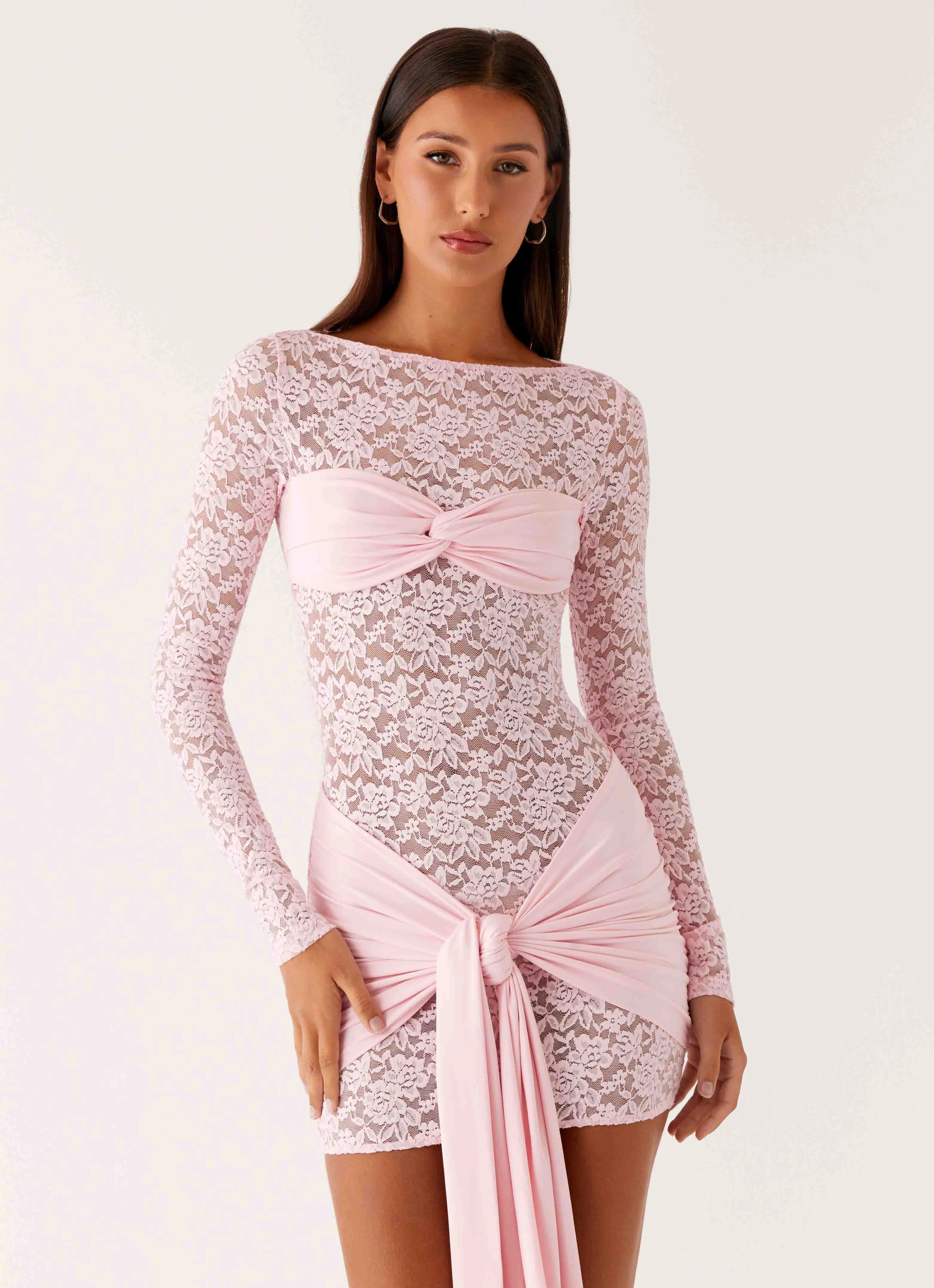 Flutter-Sleeve Gentle Shine Consie Long Sleeve Mini Dress - Pink