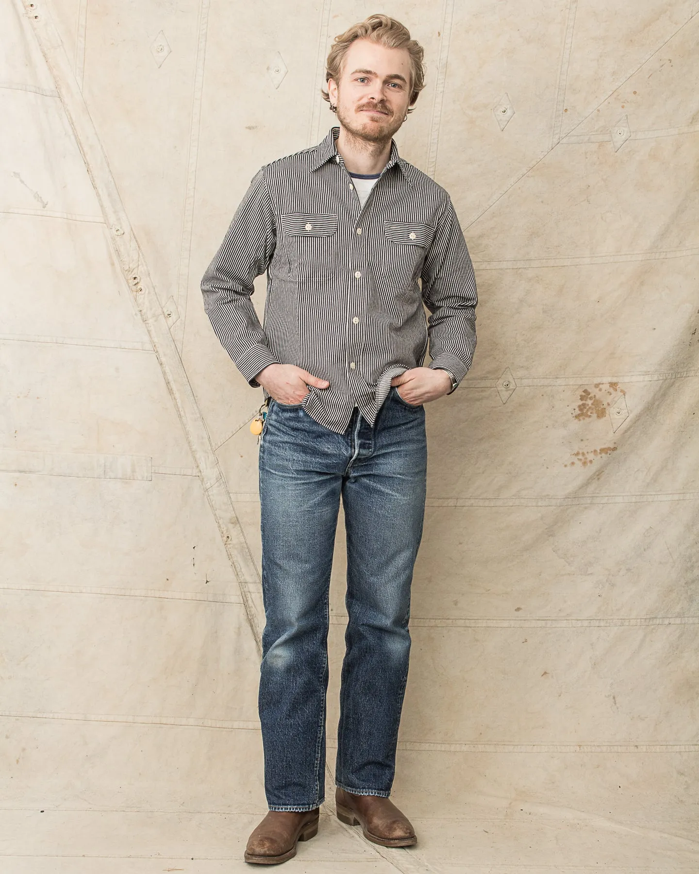 Sugar Cane & Co. Hickory Stripe Work Shirt Black SC27853