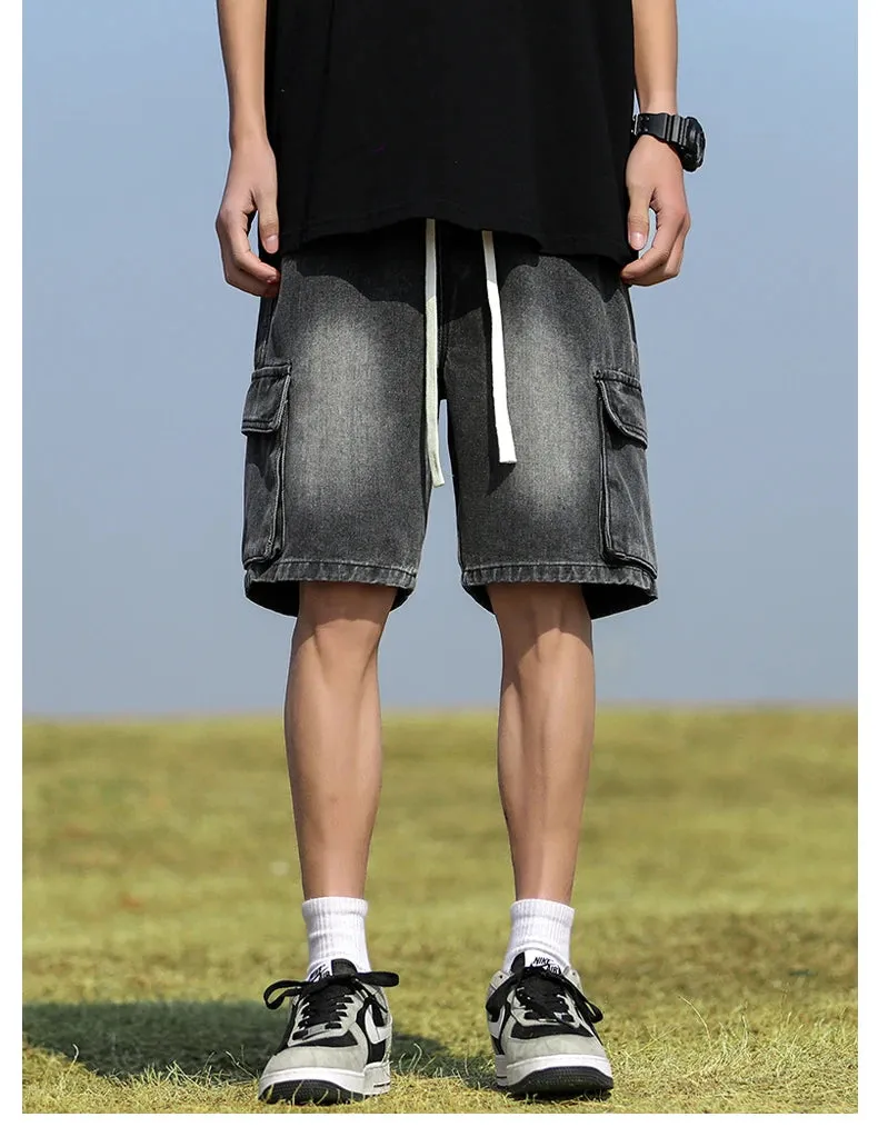 Summer Denim elastic waist Shorts thin straight Knee-length High Quality Shorts