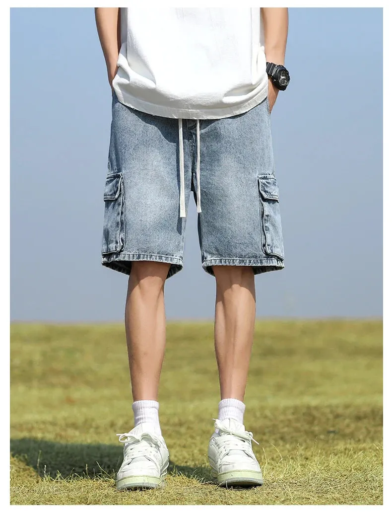Summer Denim elastic waist Shorts thin straight Knee-length High Quality Shorts