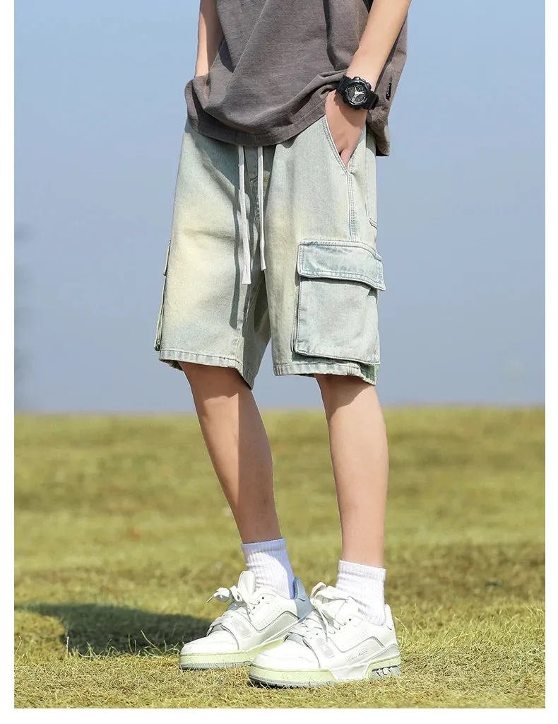 Summer Denim elastic waist Shorts thin straight Knee-length High Quality Shorts