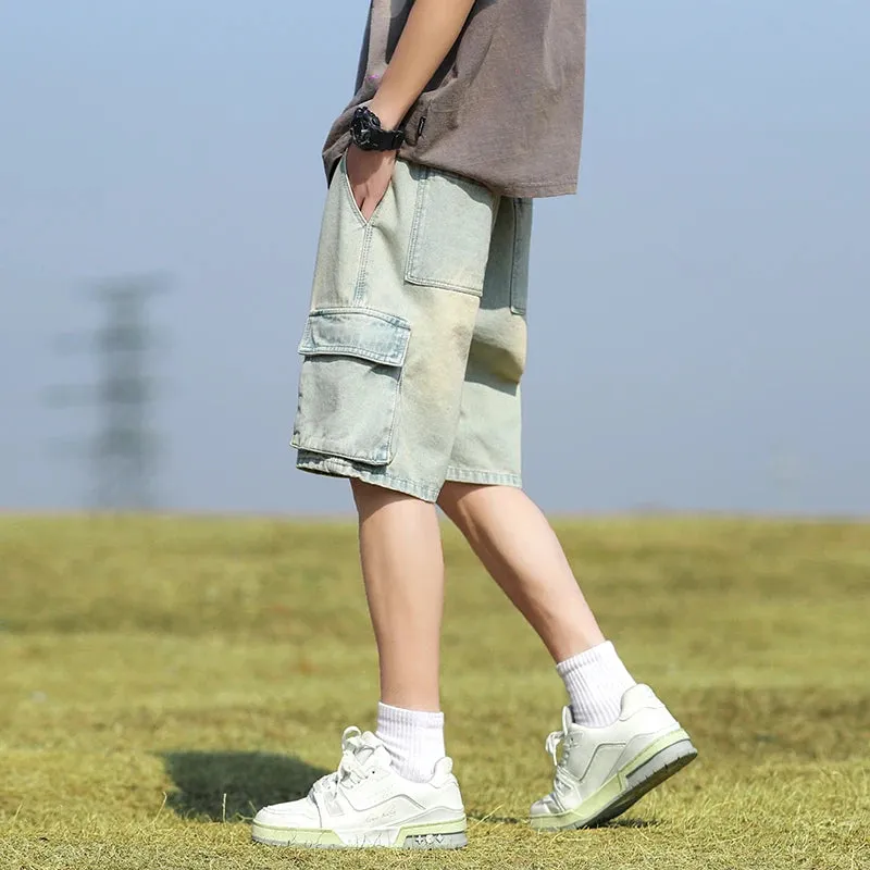 Summer Denim elastic waist Shorts thin straight Knee-length High Quality Shorts