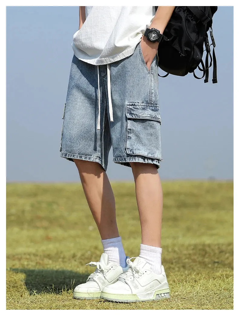 Summer Denim elastic waist Shorts thin straight Knee-length High Quality Shorts