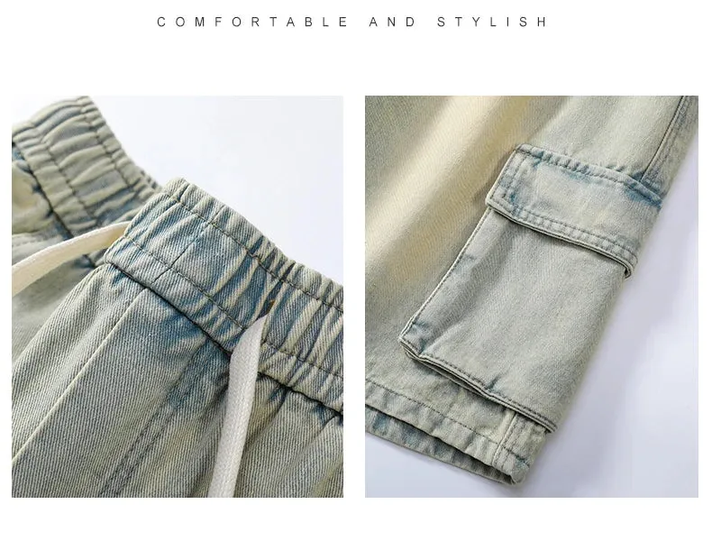 Summer Denim elastic waist Shorts thin straight Knee-length High Quality Shorts