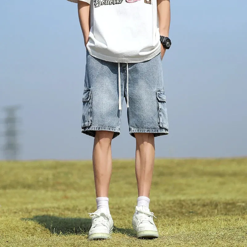 Summer Denim elastic waist Shorts thin straight Knee-length High Quality Shorts