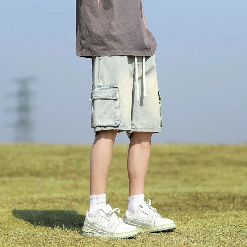Summer Denim elastic waist Shorts thin straight Knee-length High Quality Shorts