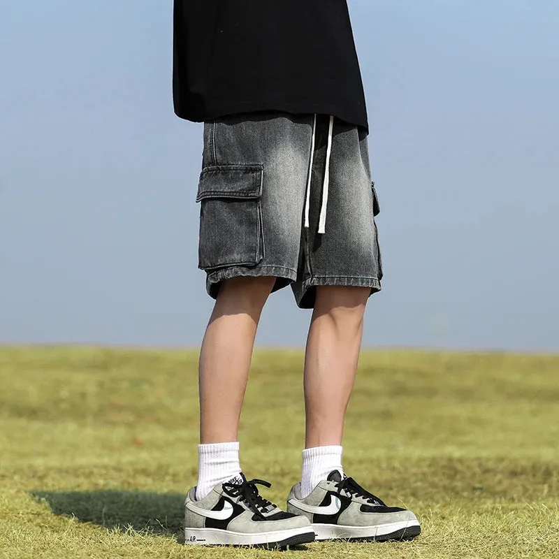 Summer Denim elastic waist Shorts thin straight Knee-length High Quality Shorts