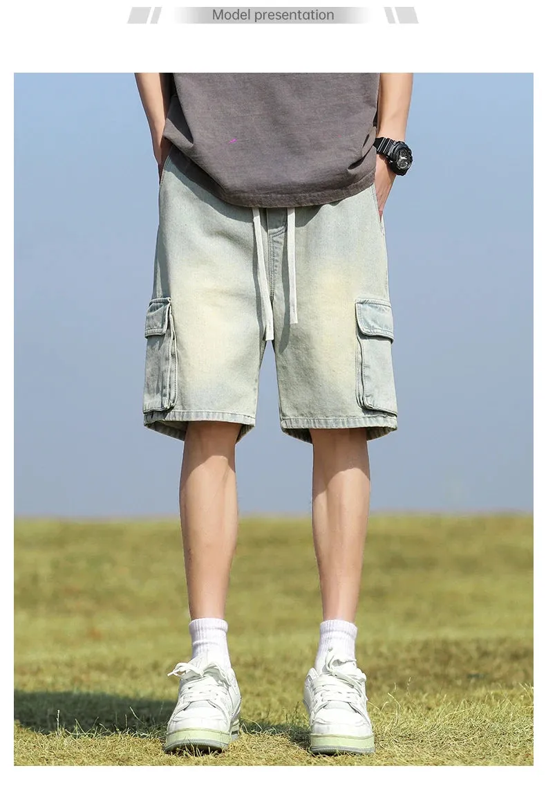 Summer Denim elastic waist Shorts thin straight Knee-length High Quality Shorts