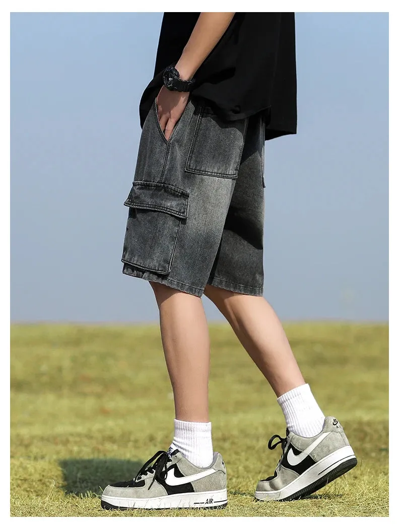 Summer Denim elastic waist Shorts thin straight Knee-length High Quality Shorts