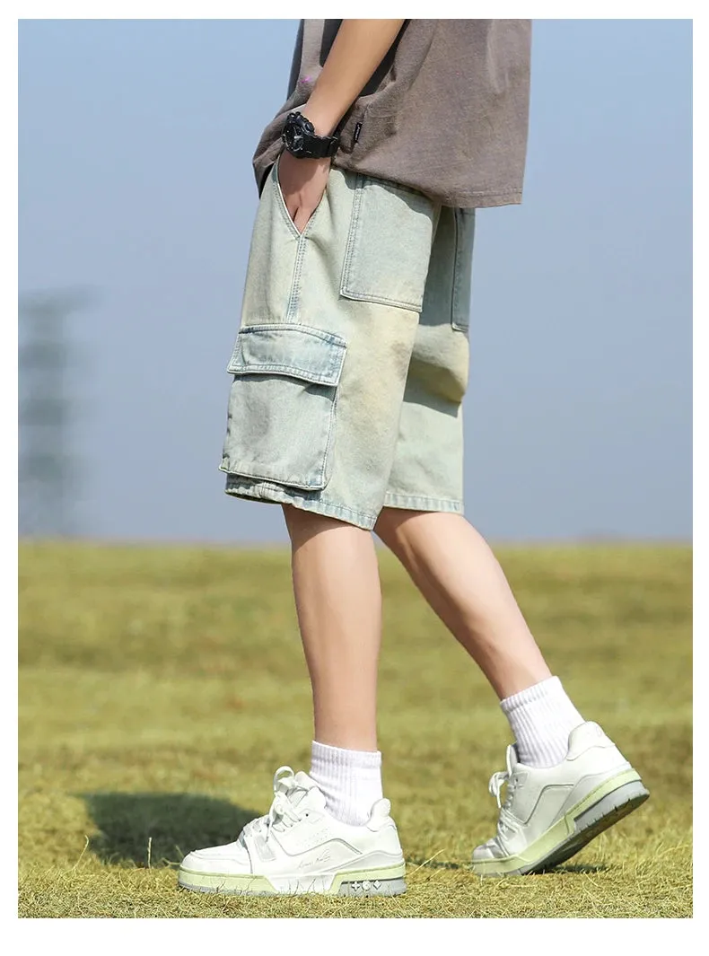 Summer Denim elastic waist Shorts thin straight Knee-length High Quality Shorts