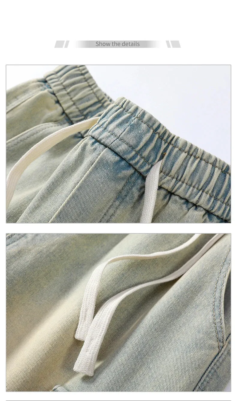 Summer Denim elastic waist Shorts thin straight Knee-length High Quality Shorts