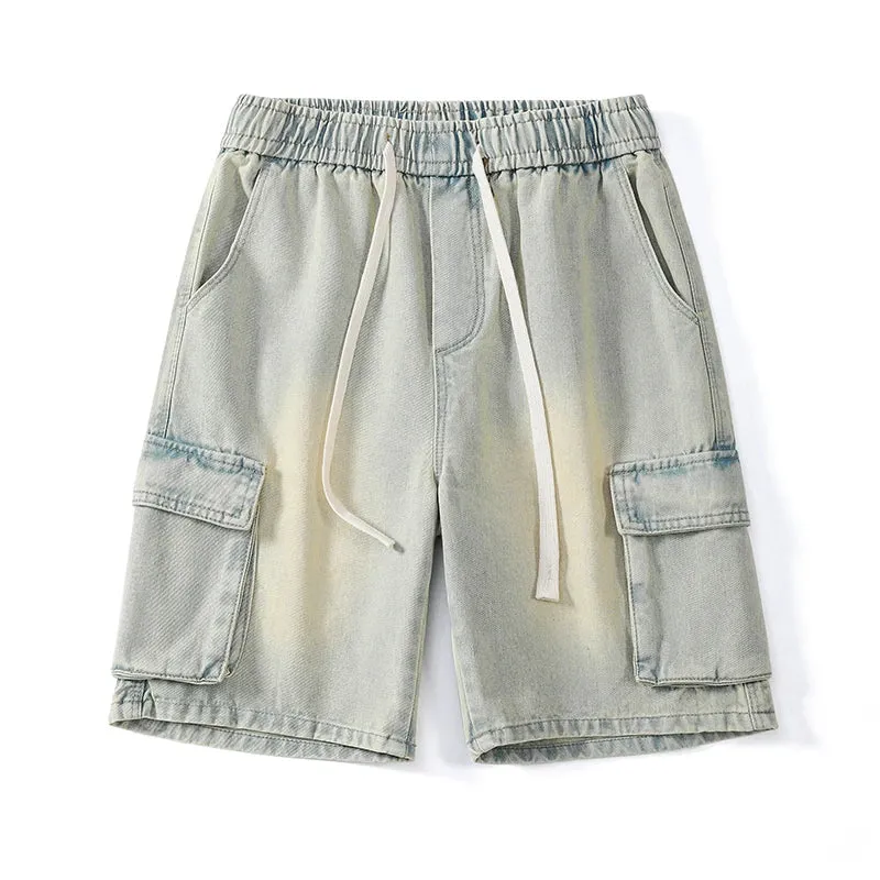 Summer Denim elastic waist Shorts thin straight Knee-length High Quality Shorts