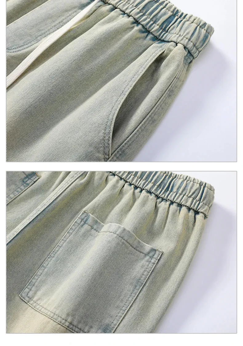 Summer Denim elastic waist Shorts thin straight Knee-length High Quality Shorts