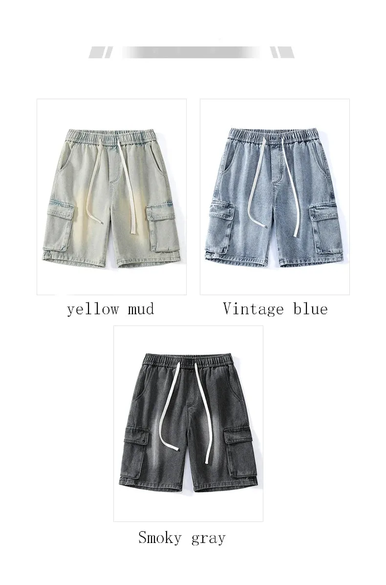 Summer Denim elastic waist Shorts thin straight Knee-length High Quality Shorts