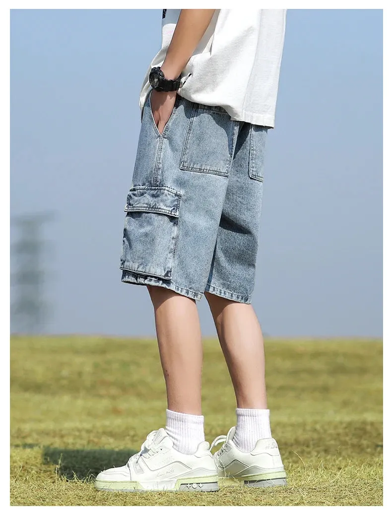 Summer Denim elastic waist Shorts thin straight Knee-length High Quality Shorts