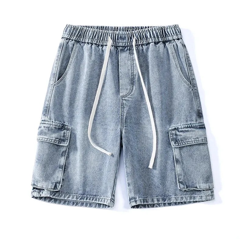 Summer Denim elastic waist Shorts thin straight Knee-length High Quality Shorts