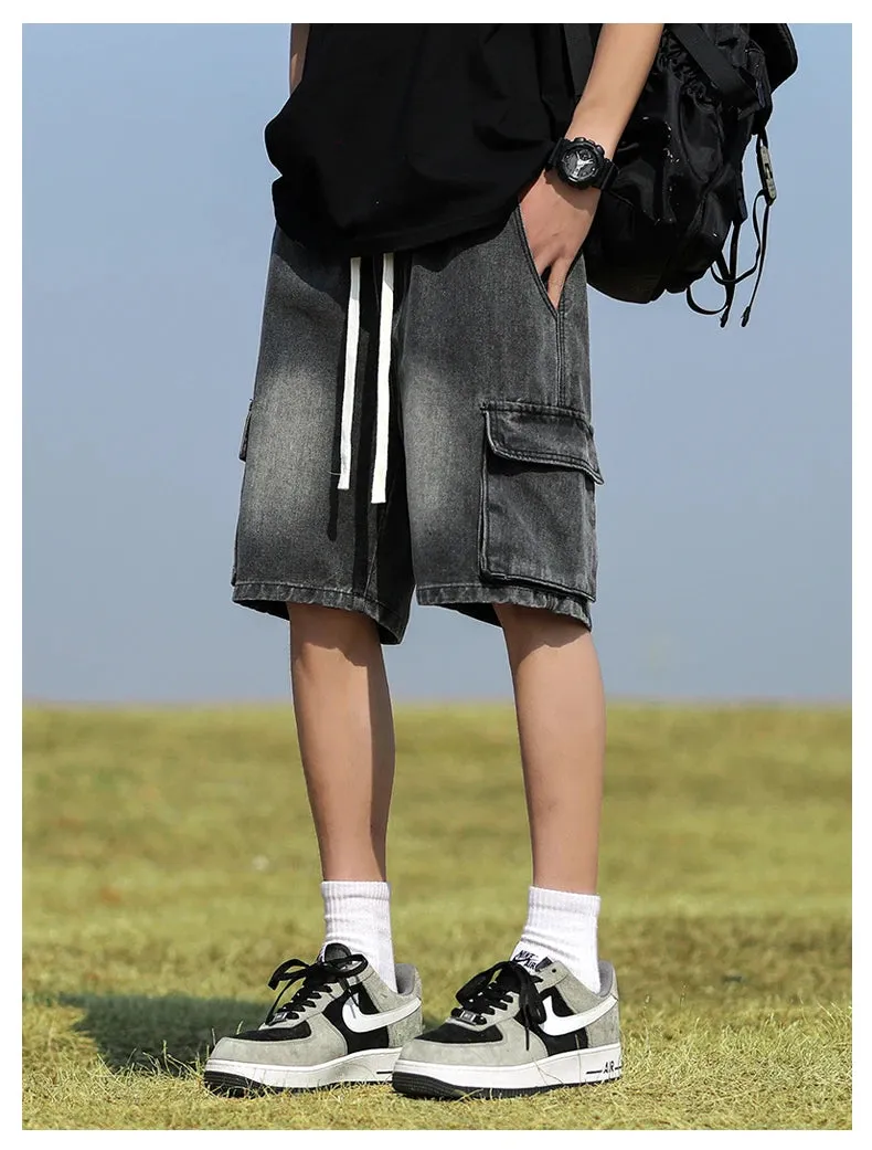 Summer Denim elastic waist Shorts thin straight Knee-length High Quality Shorts