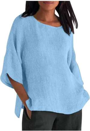 Summer Linen Tops Women Plus Size Casual Shirts 3/4 Sleeve Loose Tee Shirts Crew Neck Beach T-Shirts Oversized Blouse