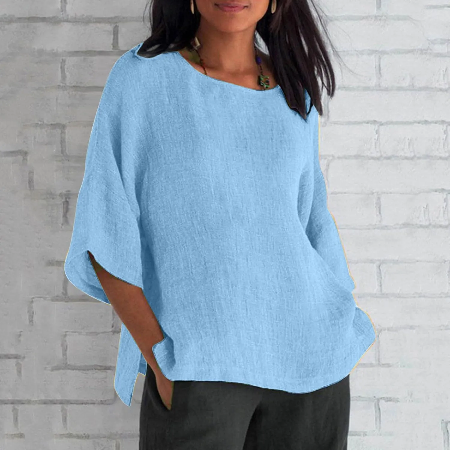 Summer Linen Tops Women Plus Size Casual Shirts 3/4 Sleeve Loose Tee Shirts Crew Neck Beach T-Shirts Oversized Blouse