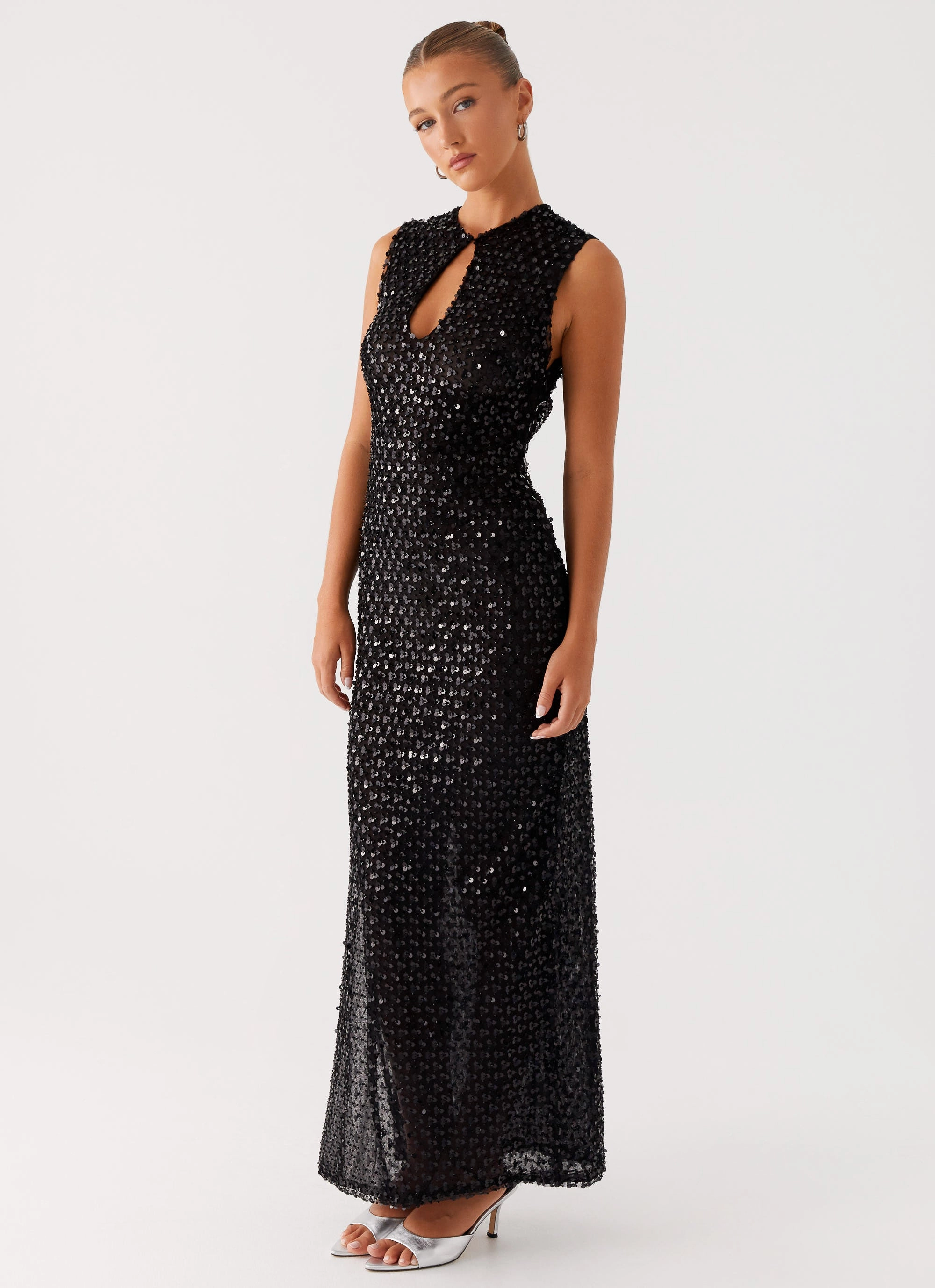 Asymmetric-Neck Kore Sequin Maxi Dress - Black