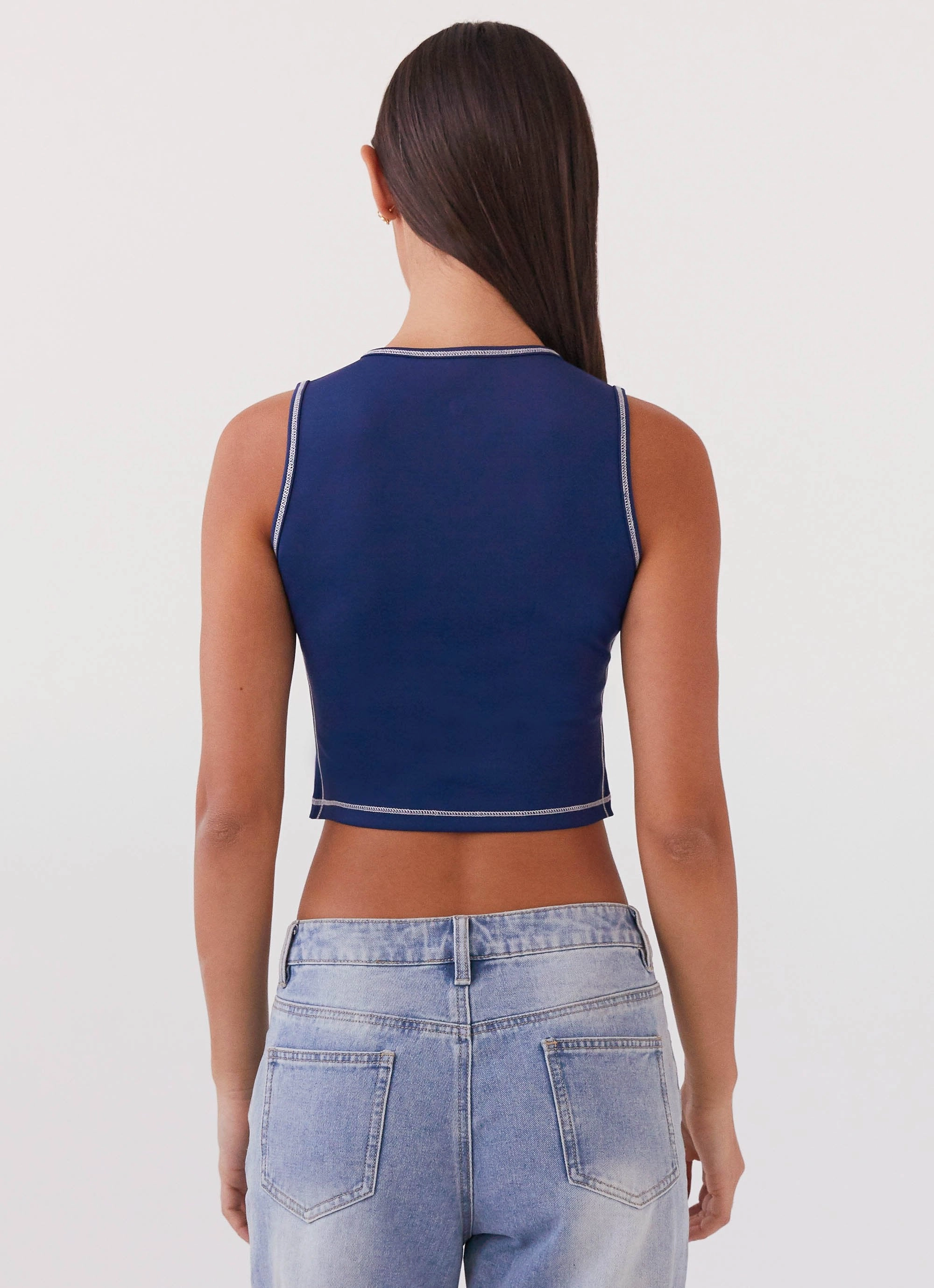 SweatAbsorbent Flexible Knit Fabric Game Face Sleeveless Top - Space Blue