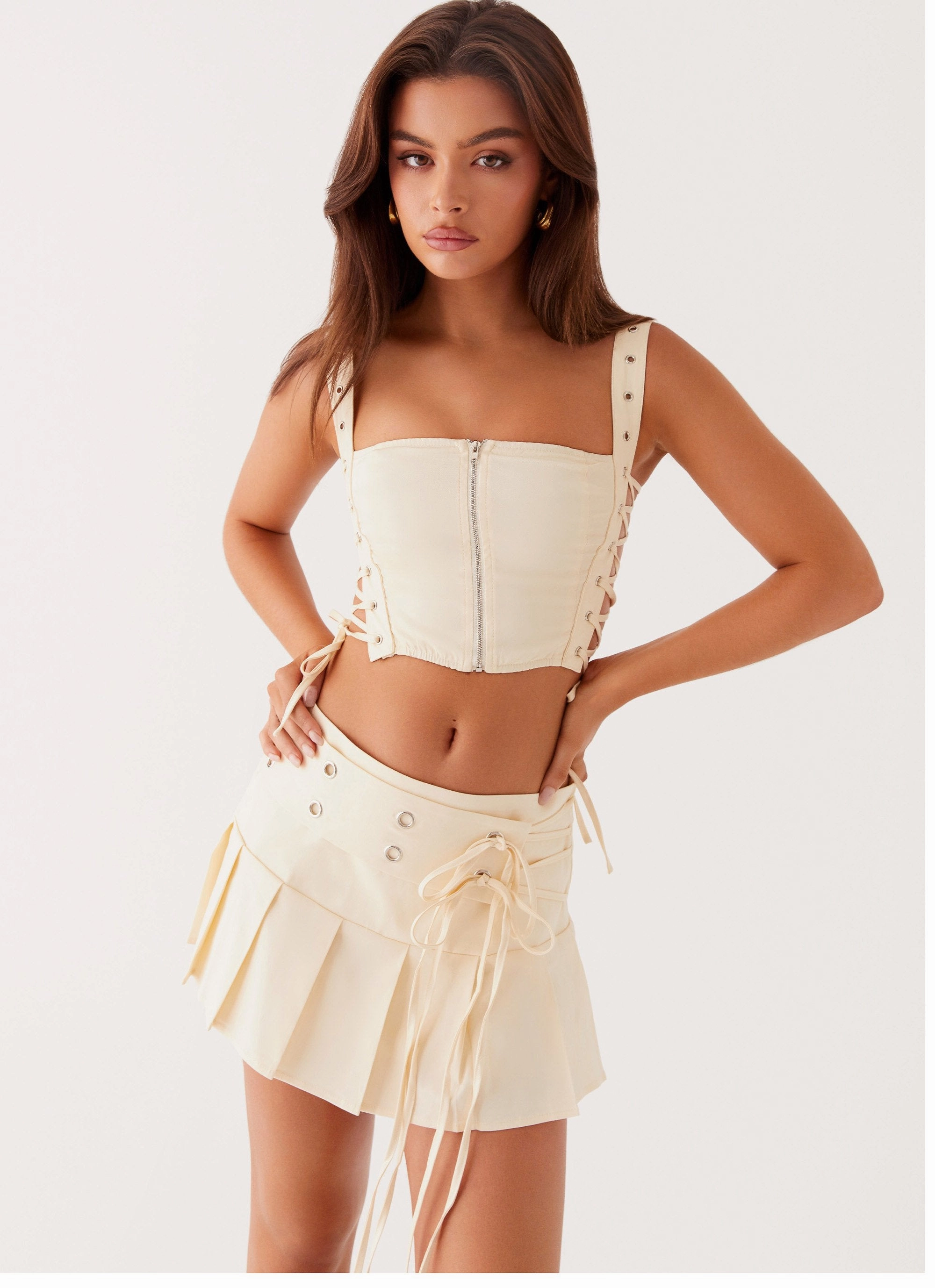 Sheer Overlay Tahnne Eyelet Mini Skirt - Ivory