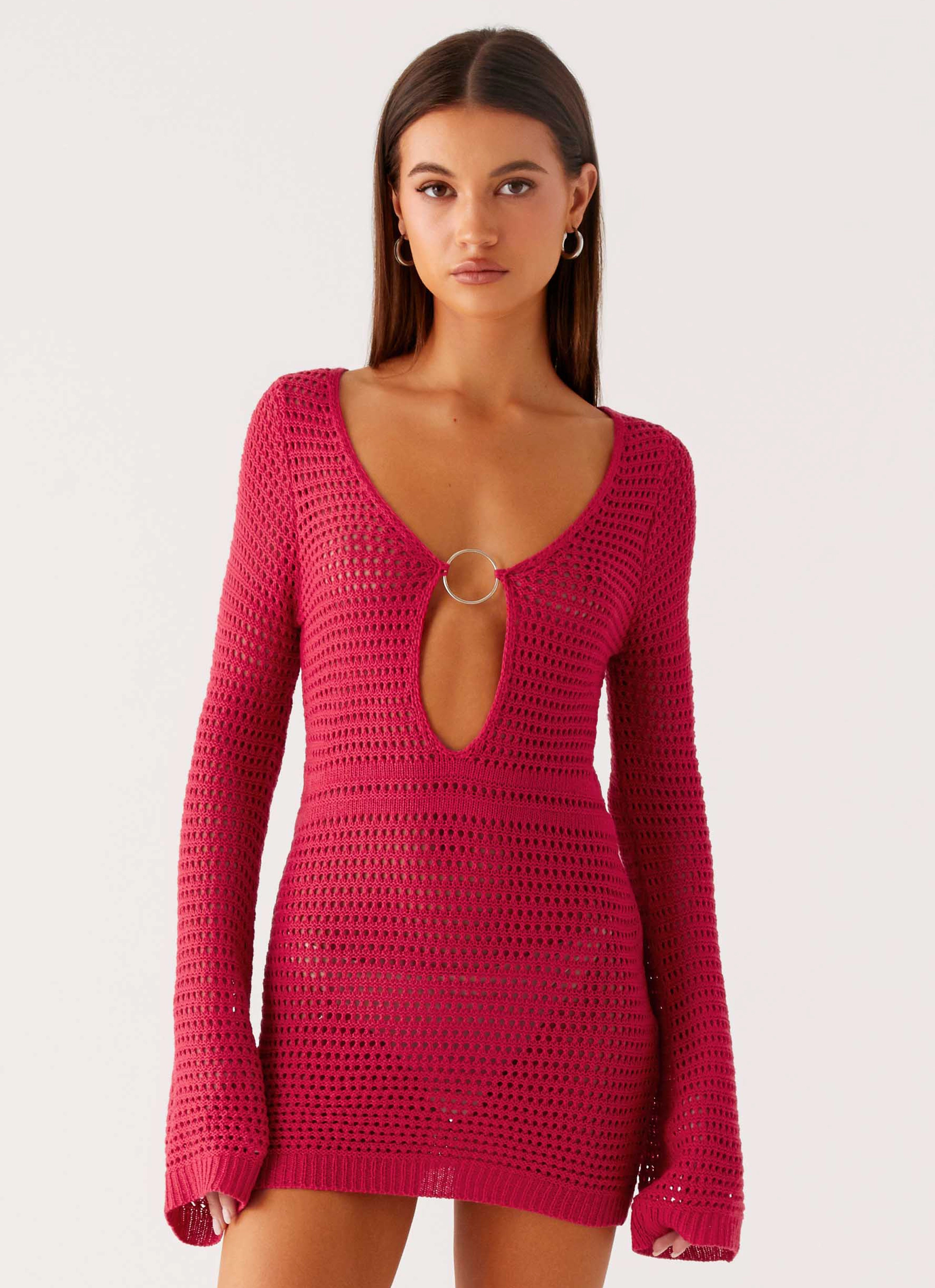 Relaxed Fit Design Perfect for Layering Sunriser Crochet Mini Dress - Pink