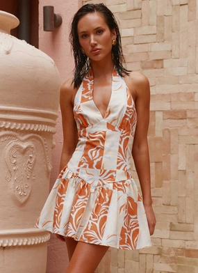 Shared Moment Formal Occasion Sunset Ballad Linen Mini Dress - Orange Blue Floral