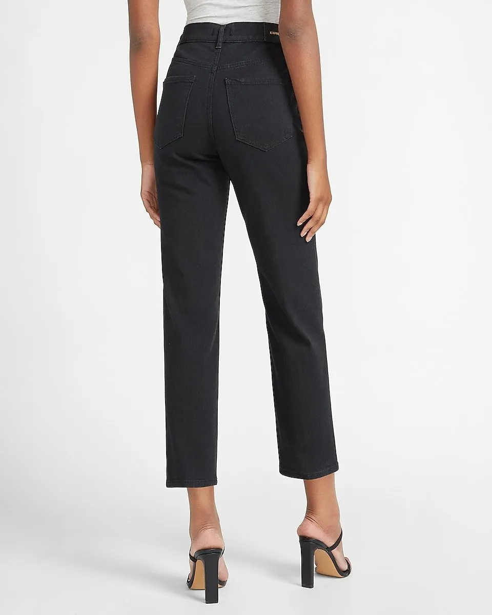 Super High Waisted Black Seamed Straight Jeans in Pitch Black